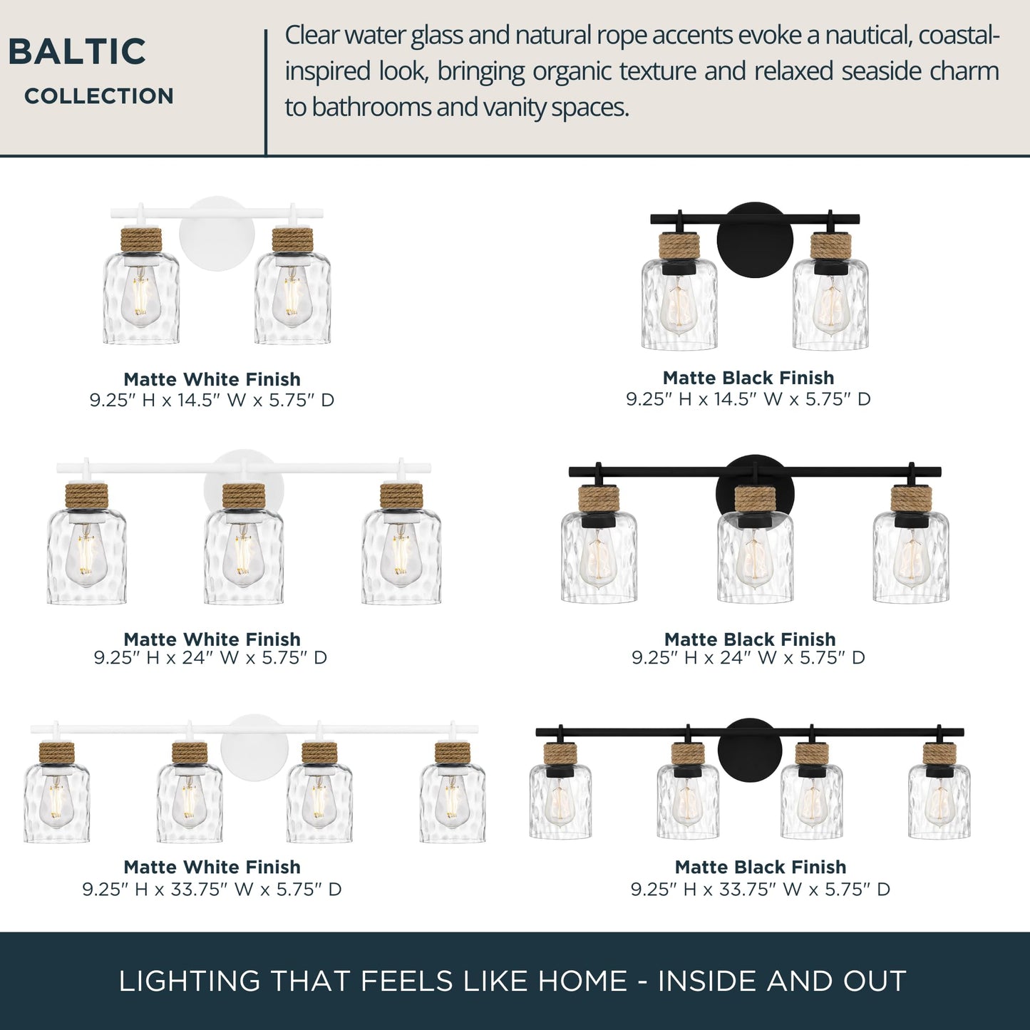 Quoizel Baltic 14.5" Coastal Vanity Light, 2-Light Matte Black with Clear Water Glass, ETL Damp Rated
