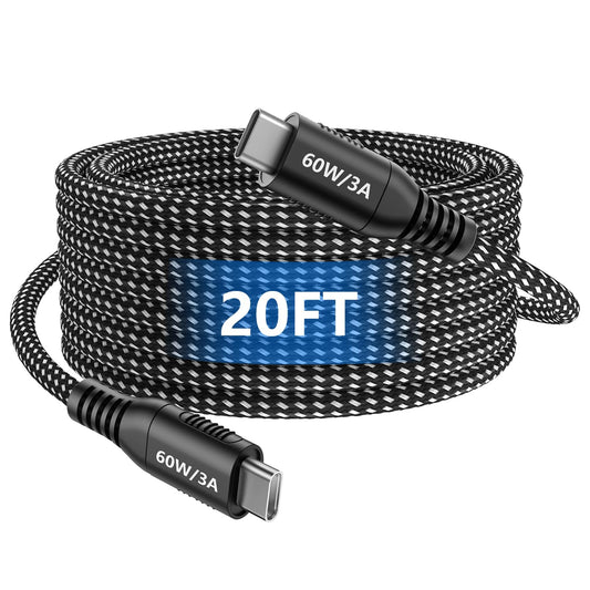 20ft USB C to USB C Cable 60W Fast Charging, Extra Long Braided Type C to C Charging Cable with USB 2.0 Data Transfer for iPhone 15/16/17, Samsung…