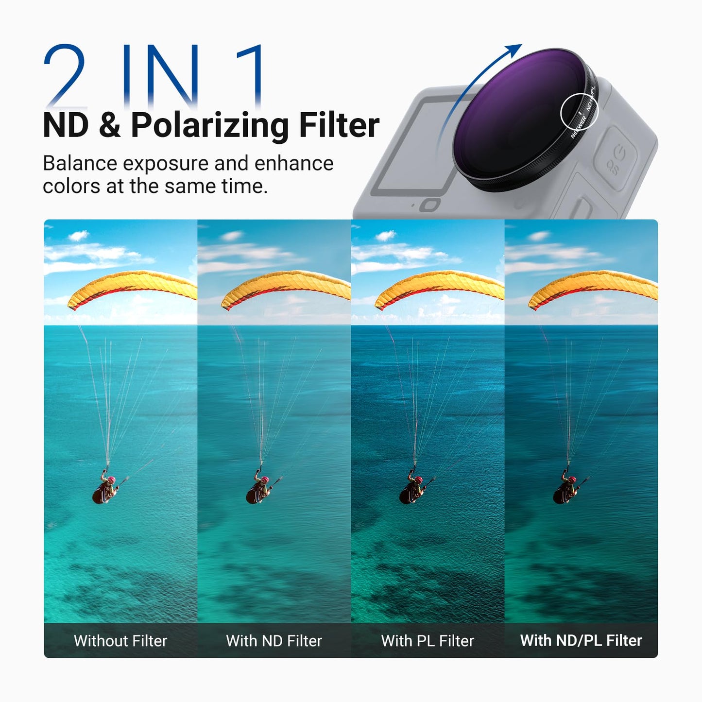 NEEWER ND/PL Filter Set Compatible with DJI Osmo Action 6 Only, ND8/PL+ND16/PL+ND32/PL+ND64/PL Polarized Neutral Density CPL Lens Filters Multicoated