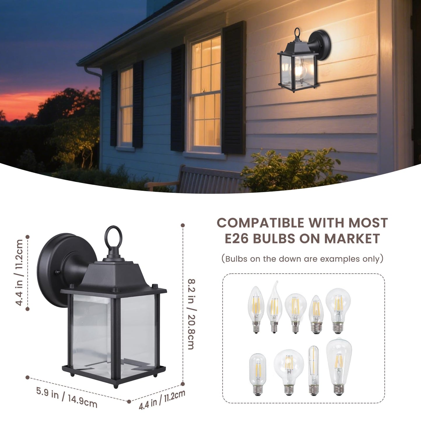 MULANDI Outdoor Light Fixture, Classic Die-Cast Aluminum & Tempered Glass Porch Light for House, E26 Base (60W Max) Waterproof Wall Lantern for Front