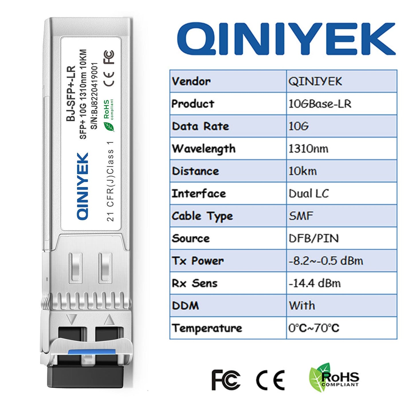 QINIYEK 2Pack 10GBase-LR SFP+ Transceiver, 10G Singlemode SFP+ Duplex LC Module,Compatible for Cisco SFP-10G-LR, Ubiquiti UF-SM-10G,Meraki, Mikrotik