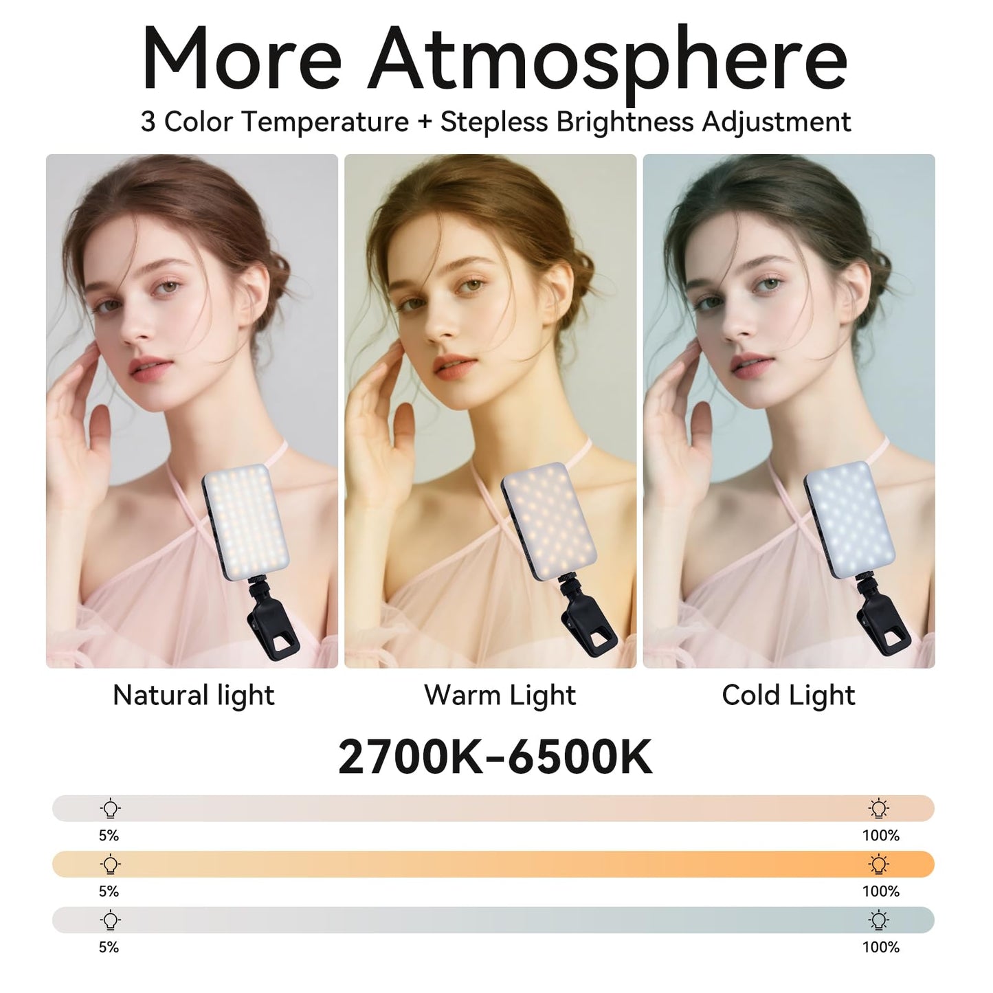 Universal Selfie Light with Power Bank 2000mAh, 96+ CRI Studio Lighting, 360° Adjustable Phone Holder & Hot Shoe Mount for Camera, 3 Temperature & RGB