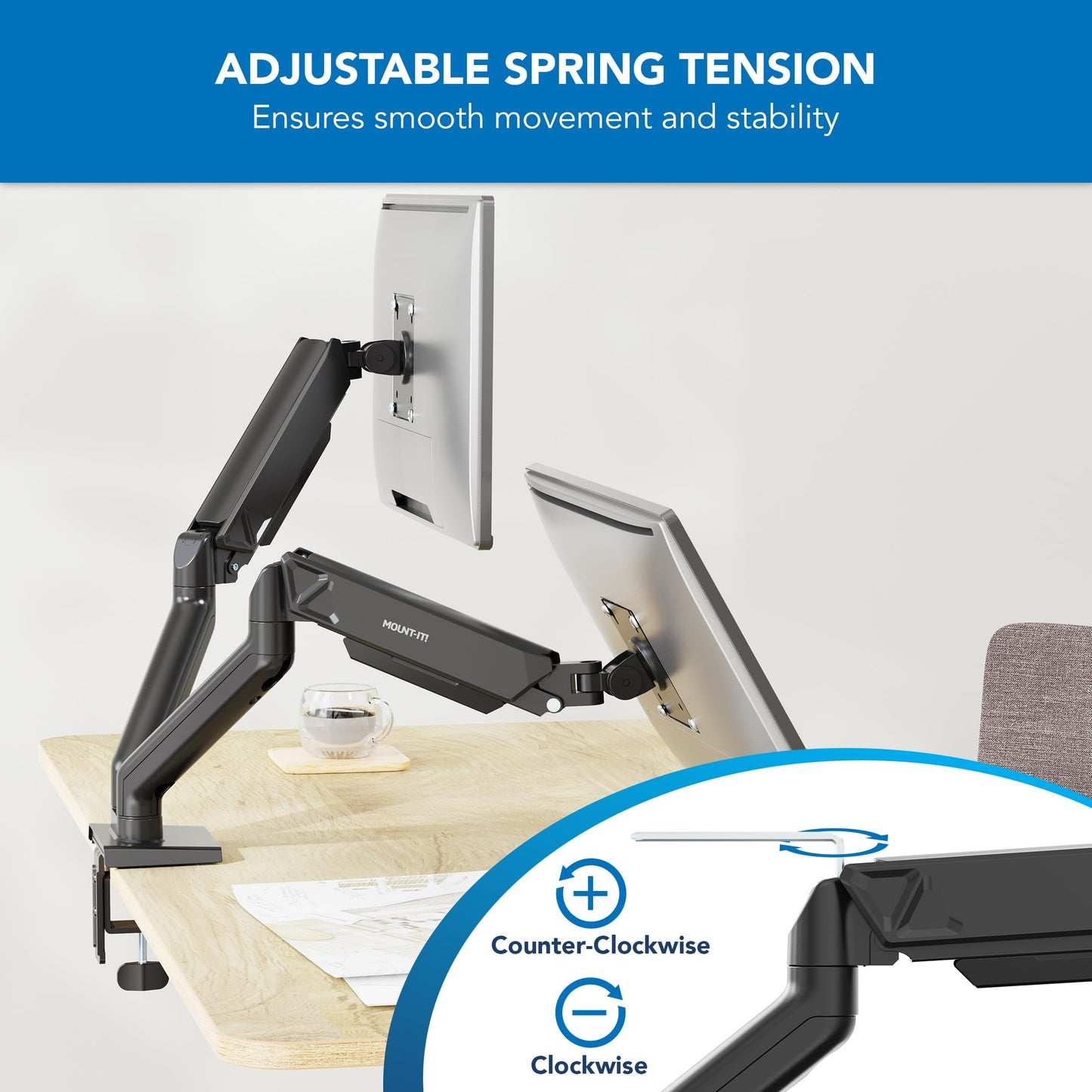 Mount-It! Full Motion Dual Monitor Mount with Spring Arms, 17" to 32", Full Motion Monitor Arm with Tilt, Rotation, Swivel, Height Adjustment, Clamp
