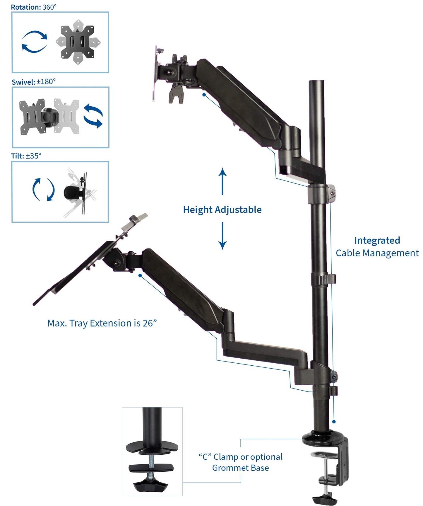 VIVO Black Dual Monitor Sit-Stand Height Adjustable Workstation, Standing Desk Mount with Pneumatic Spring, Holds 2 Screens up to 32 inches