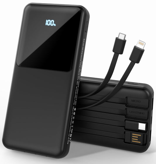 ZUOGGPET Portable Charger with Built in Cables, Power Bank with Cords Wires, Slim 10000mAh Travel Battery Pack 6 Outputs 3 Inputs 3A Fast Charging