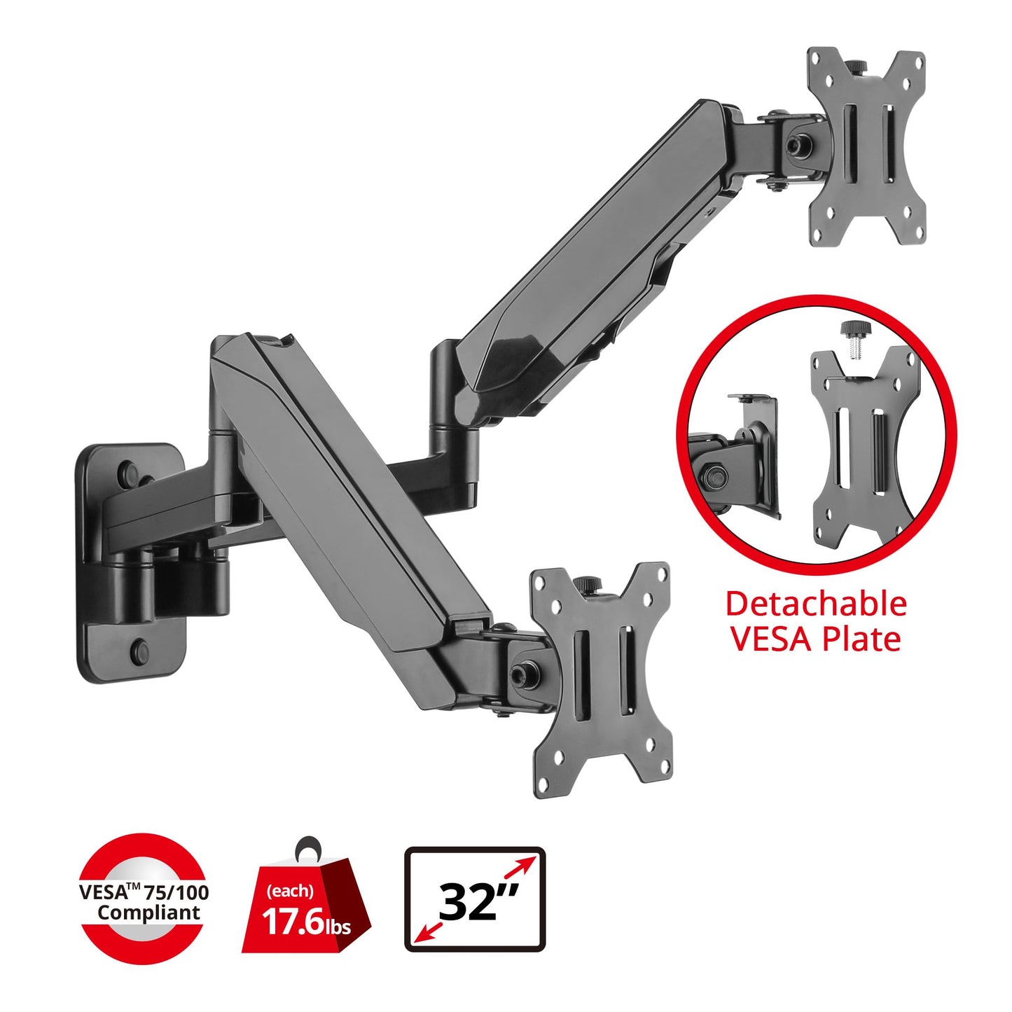 SIIG Dual Arm Monitor Wall Mount for 17" to 32" Screens, Up to 17.6lbs per Monitor, Heavy Duty Aluminum Gas Spring with Rotation, Tilt, Swivel, VESA