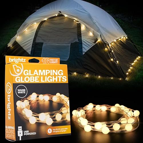 Brightz GlobeBrightz 16 ft LED USB String Lights, Warm White - Glamping Tent Lights for Camping - LED Camp Light - Use for Hammocks, Camping Tents