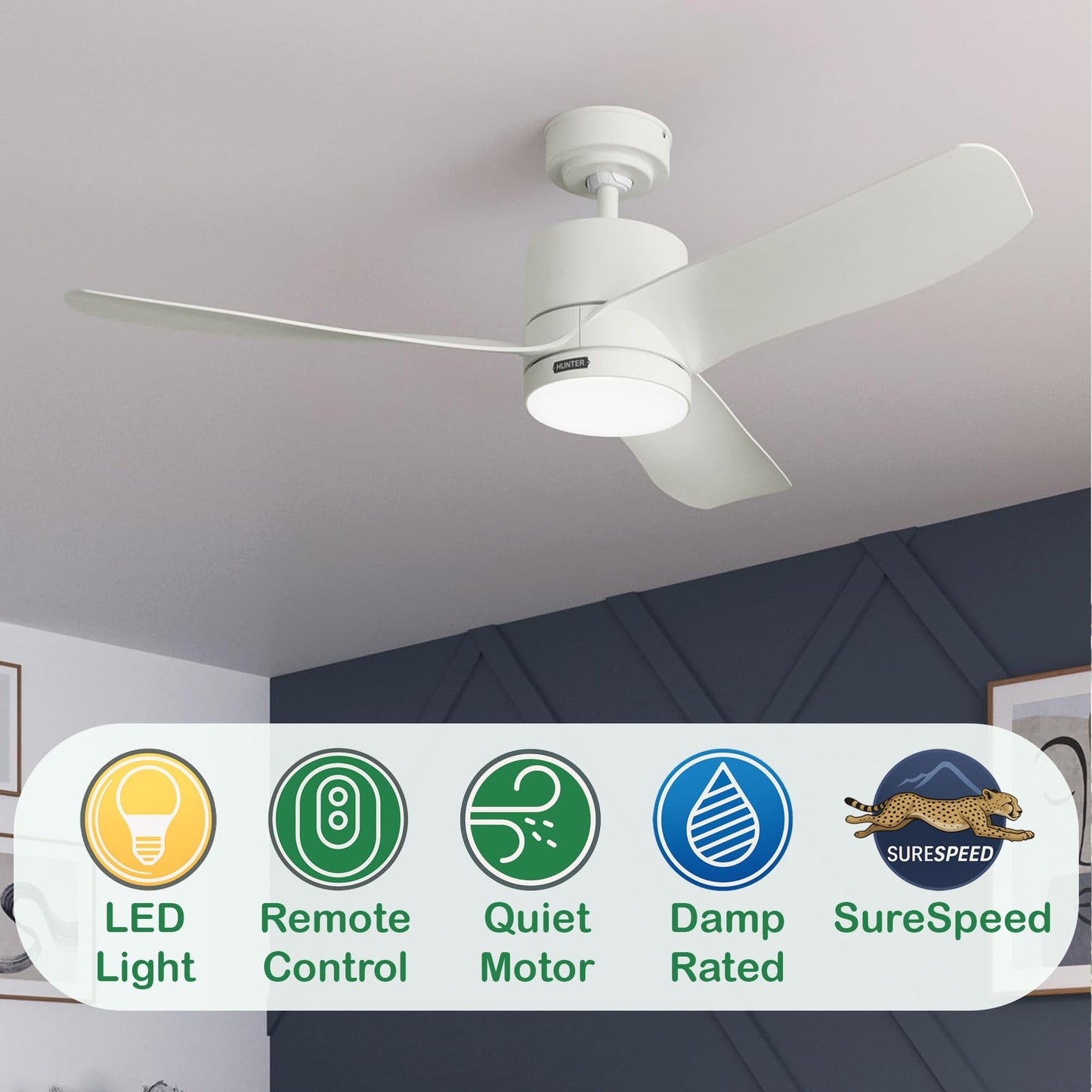 Hunter Fan Indoor Ceiling Fan, 52 in White Ceiling Fan with Light and Remote for Living Room, Bedroom, Garage, 3 Blades (Renewed)