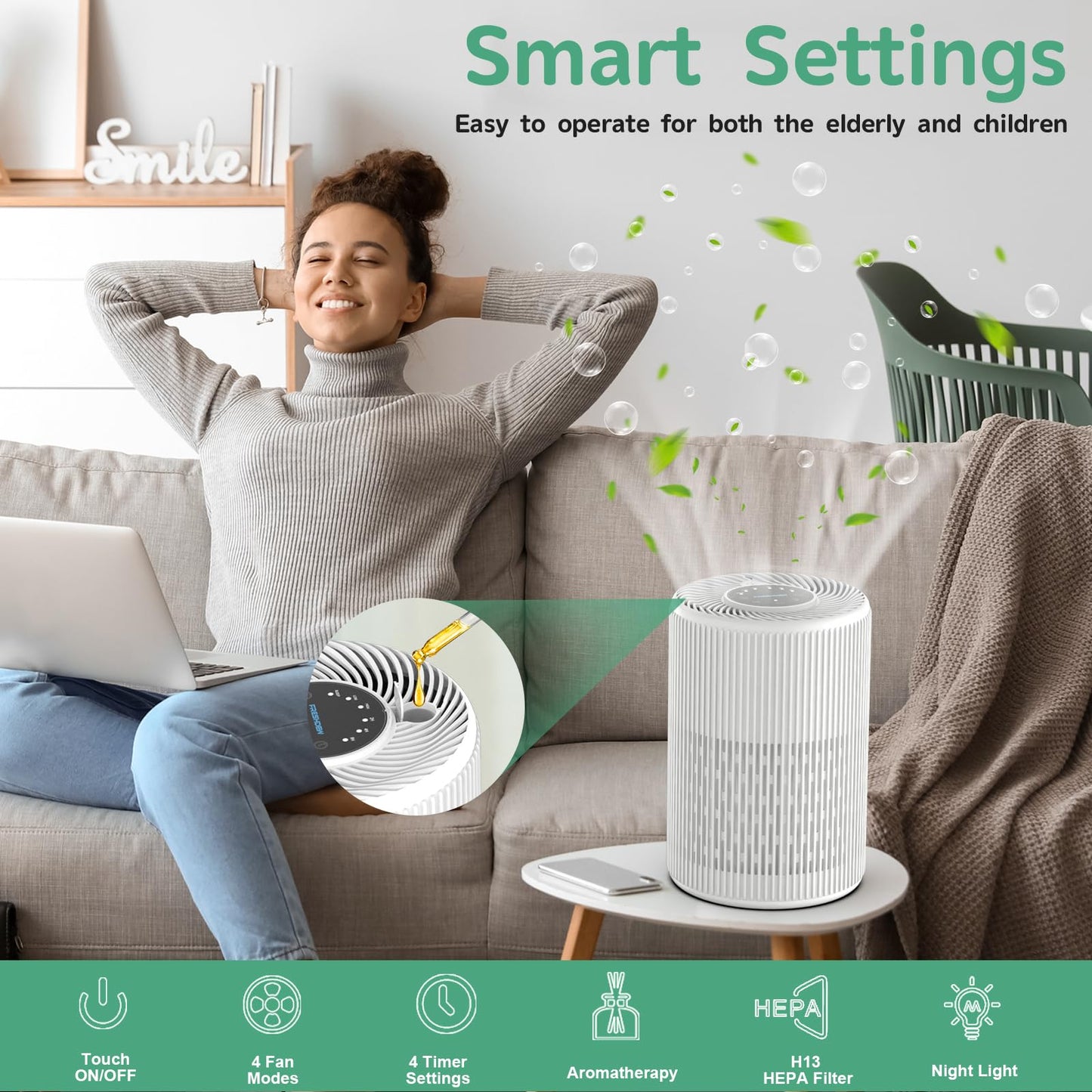 Air Purifiers for Home, FRESHDEW Air Purifier Up to 1300ft² for Smoke Pet Dander Odors with Fragrance Sponge,H13 True HEPA Air Purifier Cleaner
