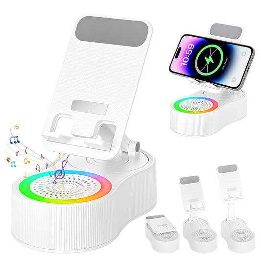 Cell Phone Stand with Bluetooth Speaker - Wireless Bluetooth Speaker with 360° Rotatable Phone Holder, Multifunctional Adjustable Stand with Charging