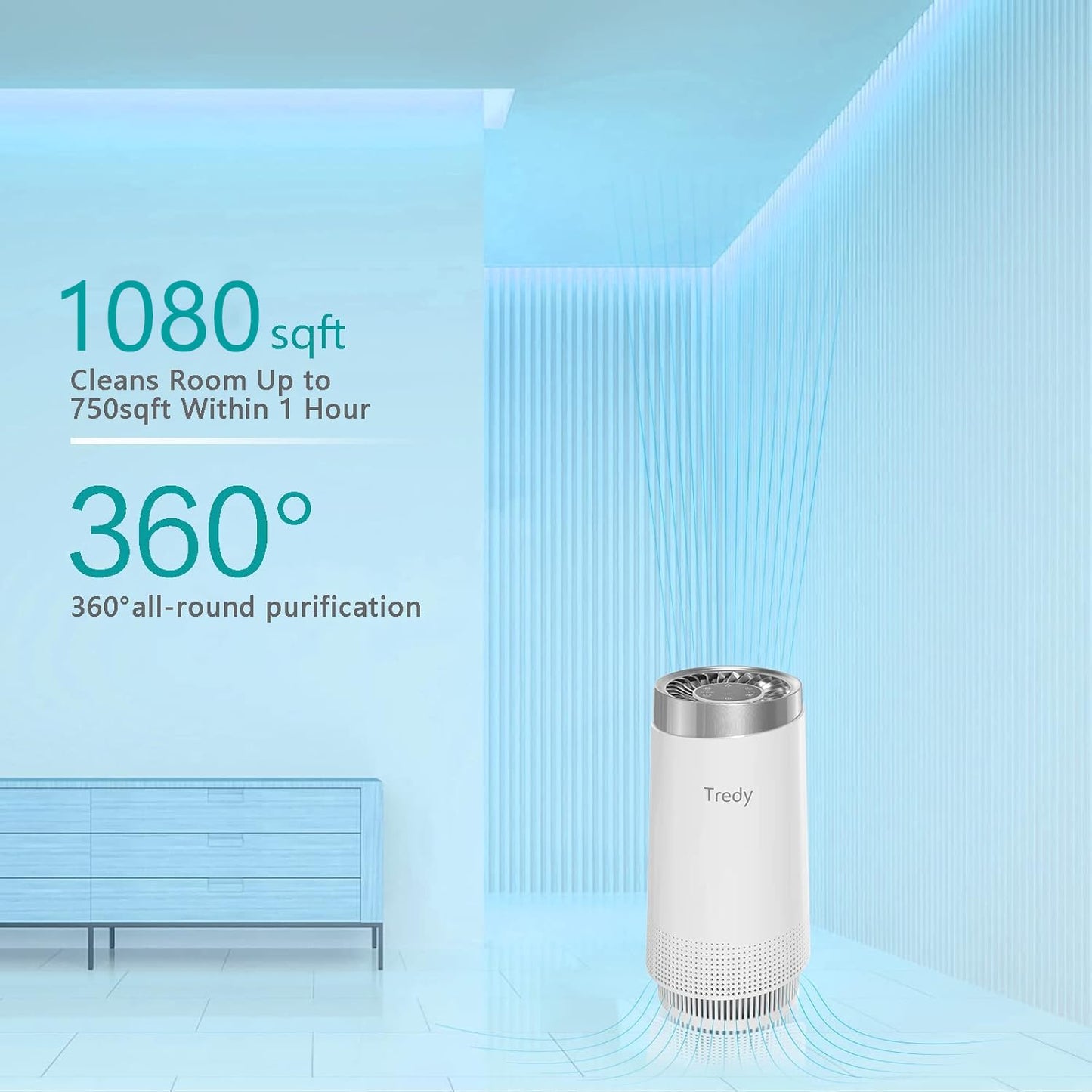 TREDY Air Purifier with HEPA Filter for Home Allergies Pets Hair and Smoke in Bedroom, Covers Up to 1080 ft²