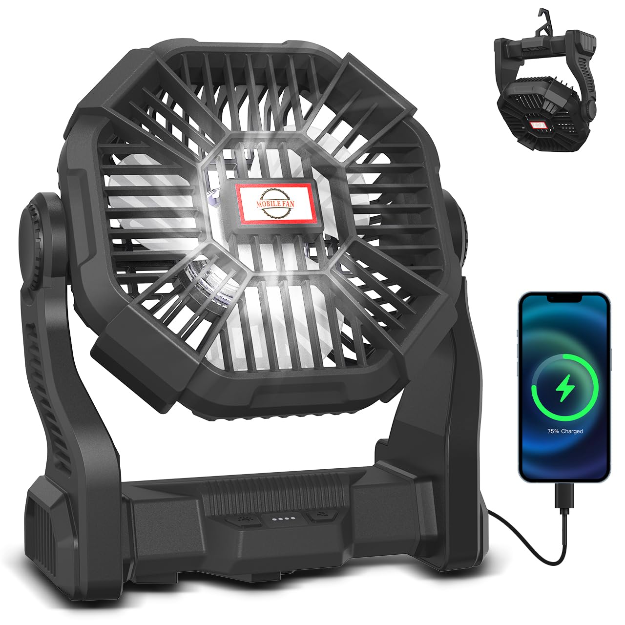Portable Camping Fan with LED Light, 20000mAh Rechargeable Battery, Adjustable Brightness & Speed, Hanging & Handheld Design, Long-lasting Power
