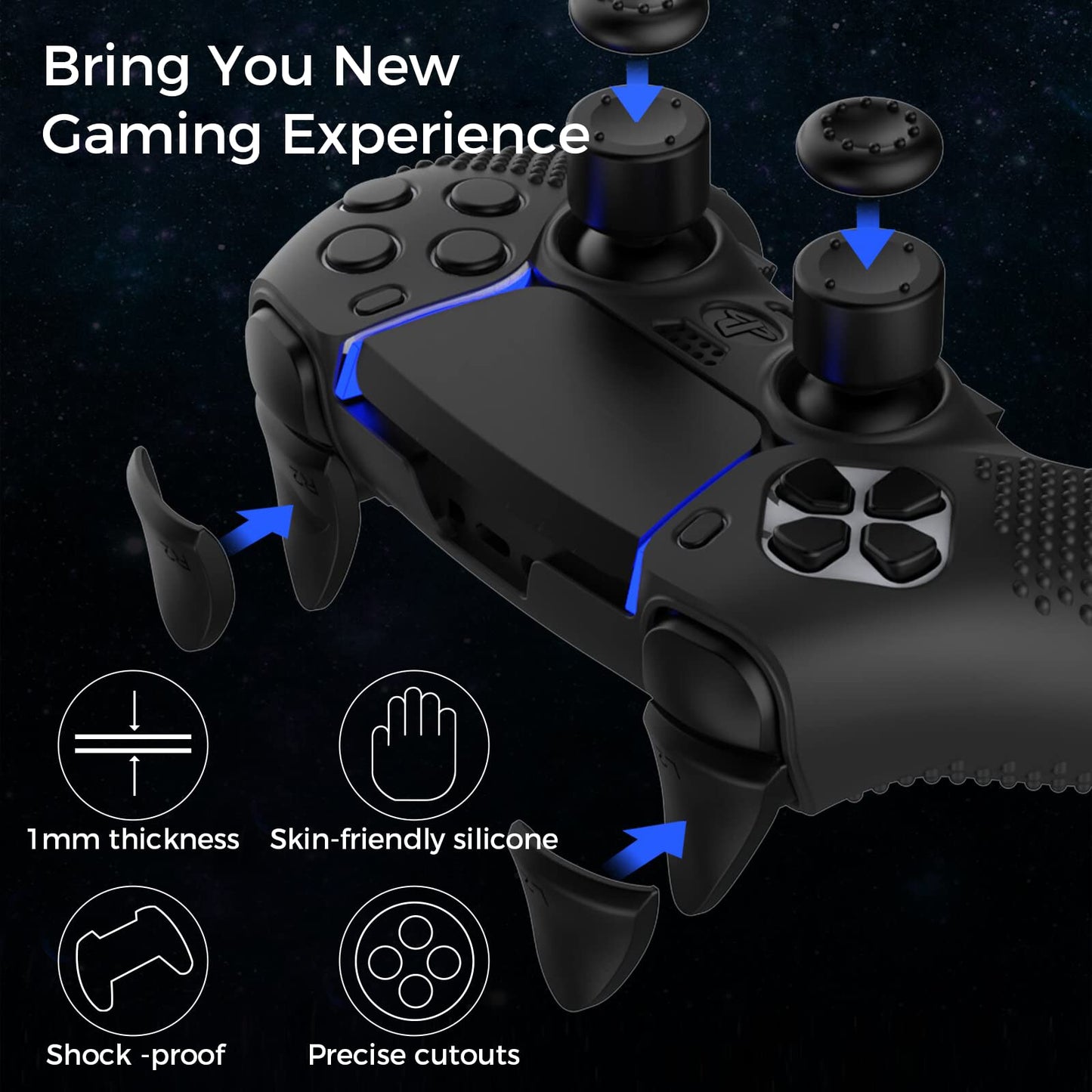 KOEBSHPE Anti-Slip Cover for PS5 DualSense Controller, Accessories Including Cover for DualSense Edge, Thumb Caps, Triggers Extenders, and Touchpad