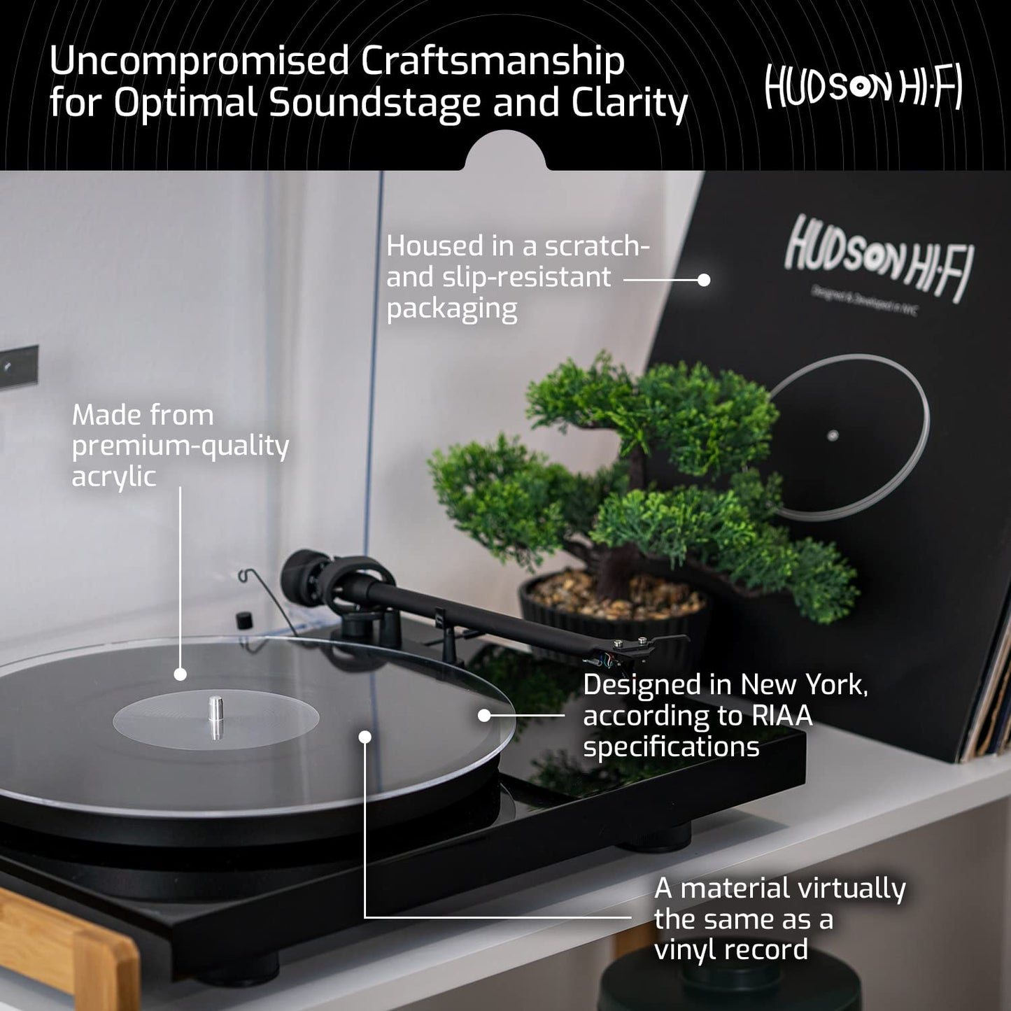 Hudson Hi-Fi Acrylic Turntable Mat - 11.75” Anti-Static Turntable Slipmat with Label Recess - 1/8” Thick Acrylic Platter Mat for Vinyl LP Record