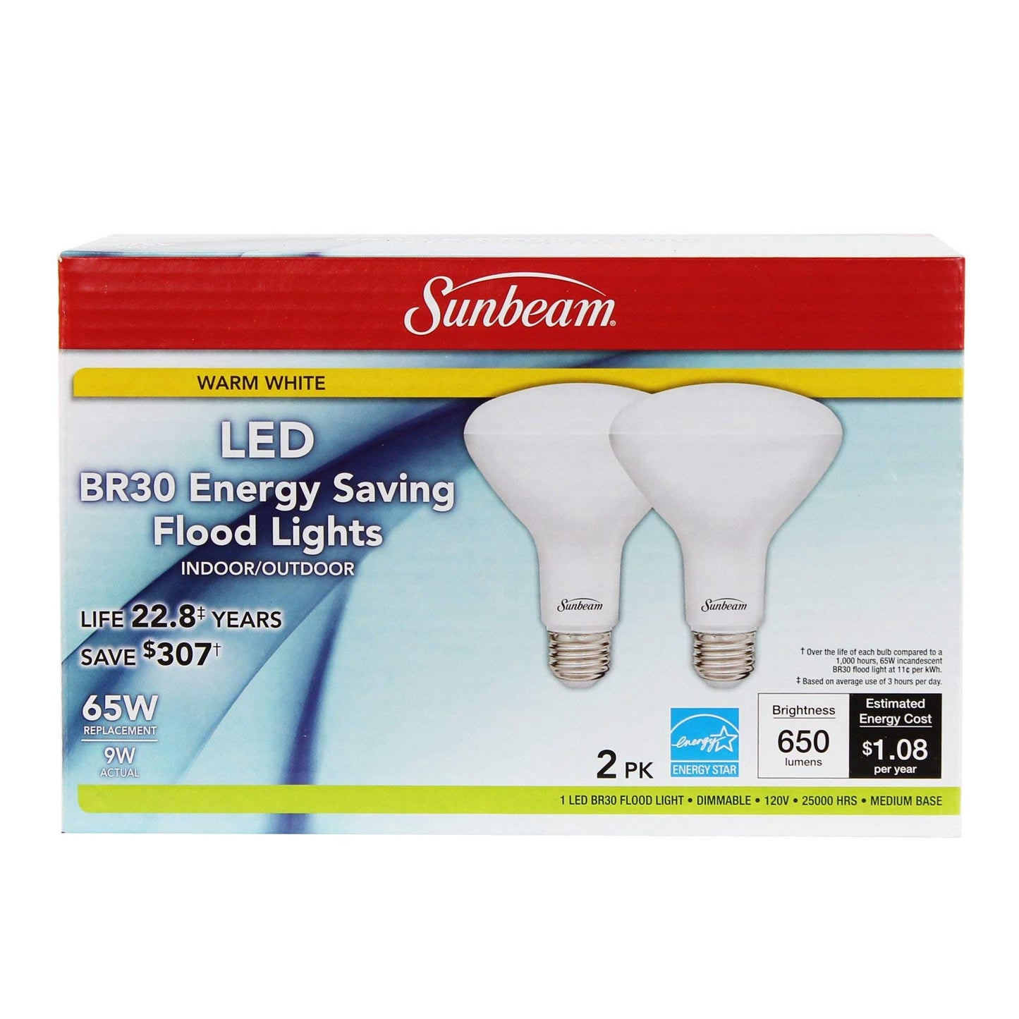 Sunbeam BR30 65W LED Indoor/Outdoor Dimmable Flood Lights 2 PACK, Energy Star, 650 Lumens, 3000K Warm White, use 9 Watt, 65 Replacement/Equivalent