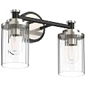 PHIXART Bathroom Lighting Fixtures Black and Brushed Nickel Bathroom Vanity Light with Cylindrical Clear Stripes Glass Lampshade E26 Socket Base