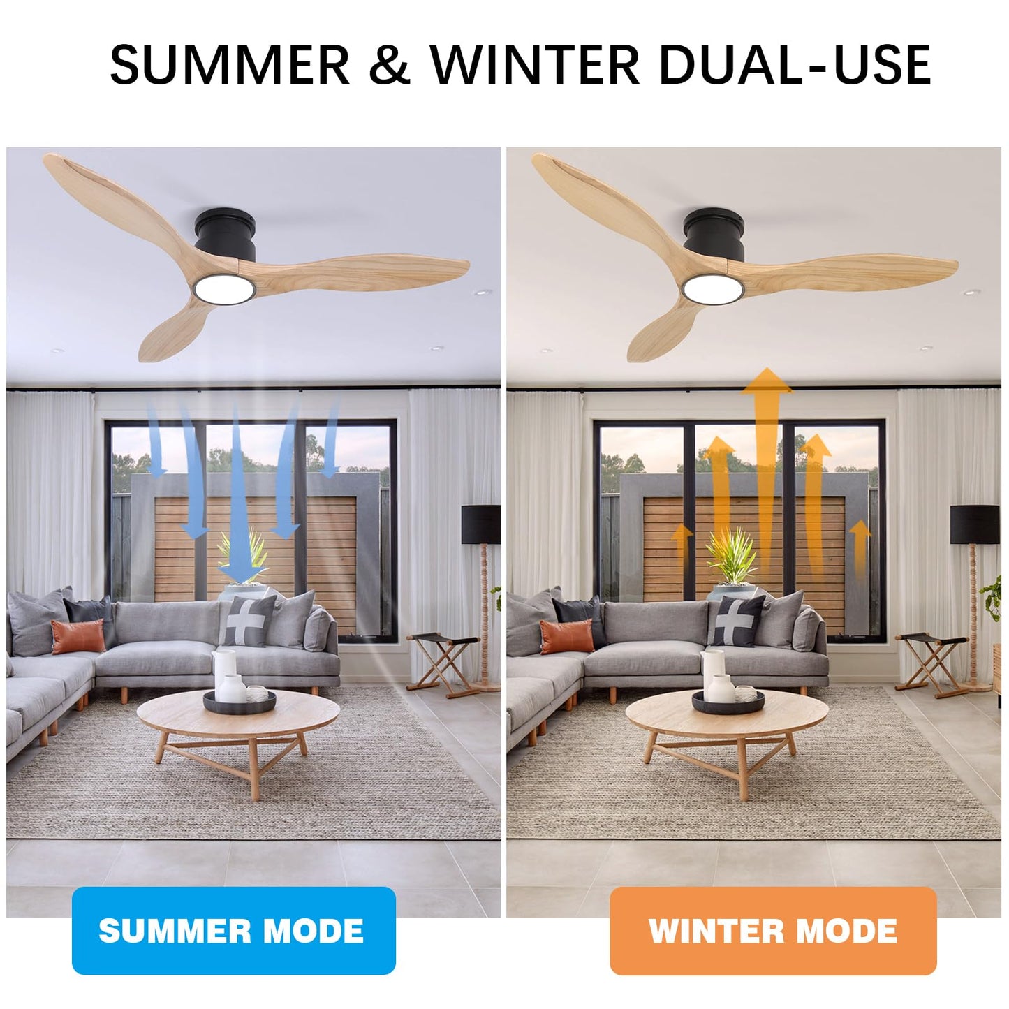revoici 52" Ceiling Fan, Solid Natural Wood Low Profile Flush Mount