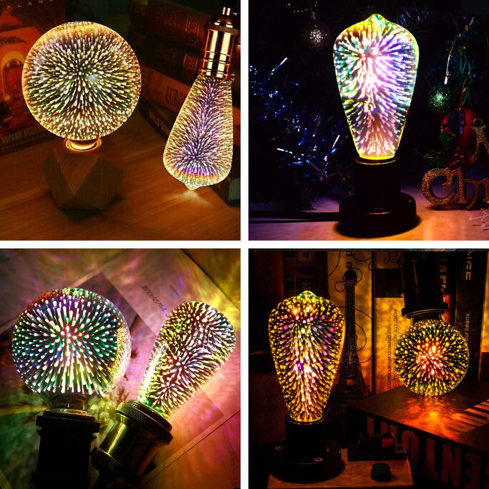 2 Pack Infinity 3D Fireworks Effect ST19 LED Light Bulb - 3W 120V Fairy Multicolor Disco Party Light, Stain Glass Colorful Bulb