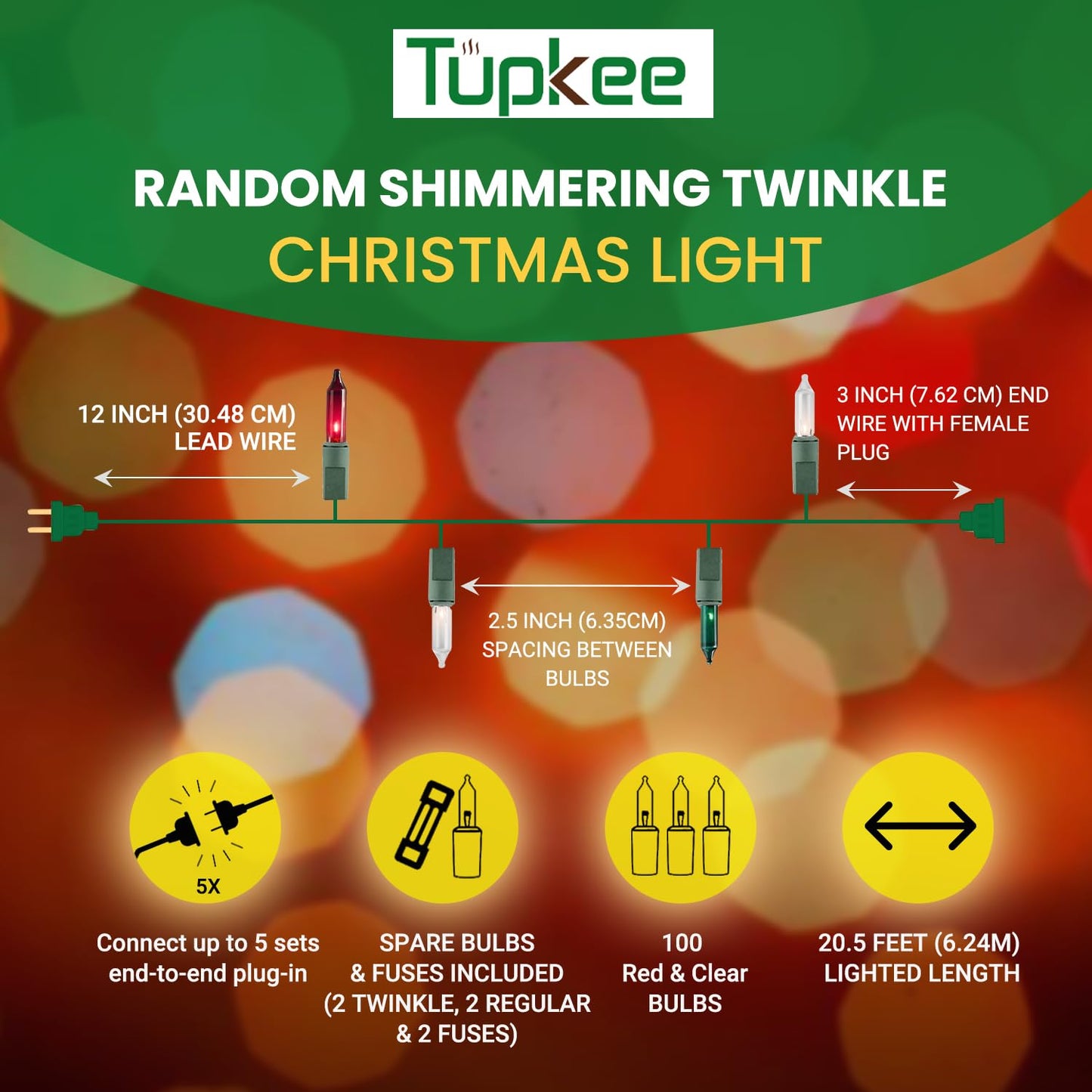 Christmas Random Shimmering Twinkle Lights - 12 of 100 Lights Twinkle - Indoor Outdoor - 20.5 Feet Light String, 100 Red, Green, & Clear Bulbs
