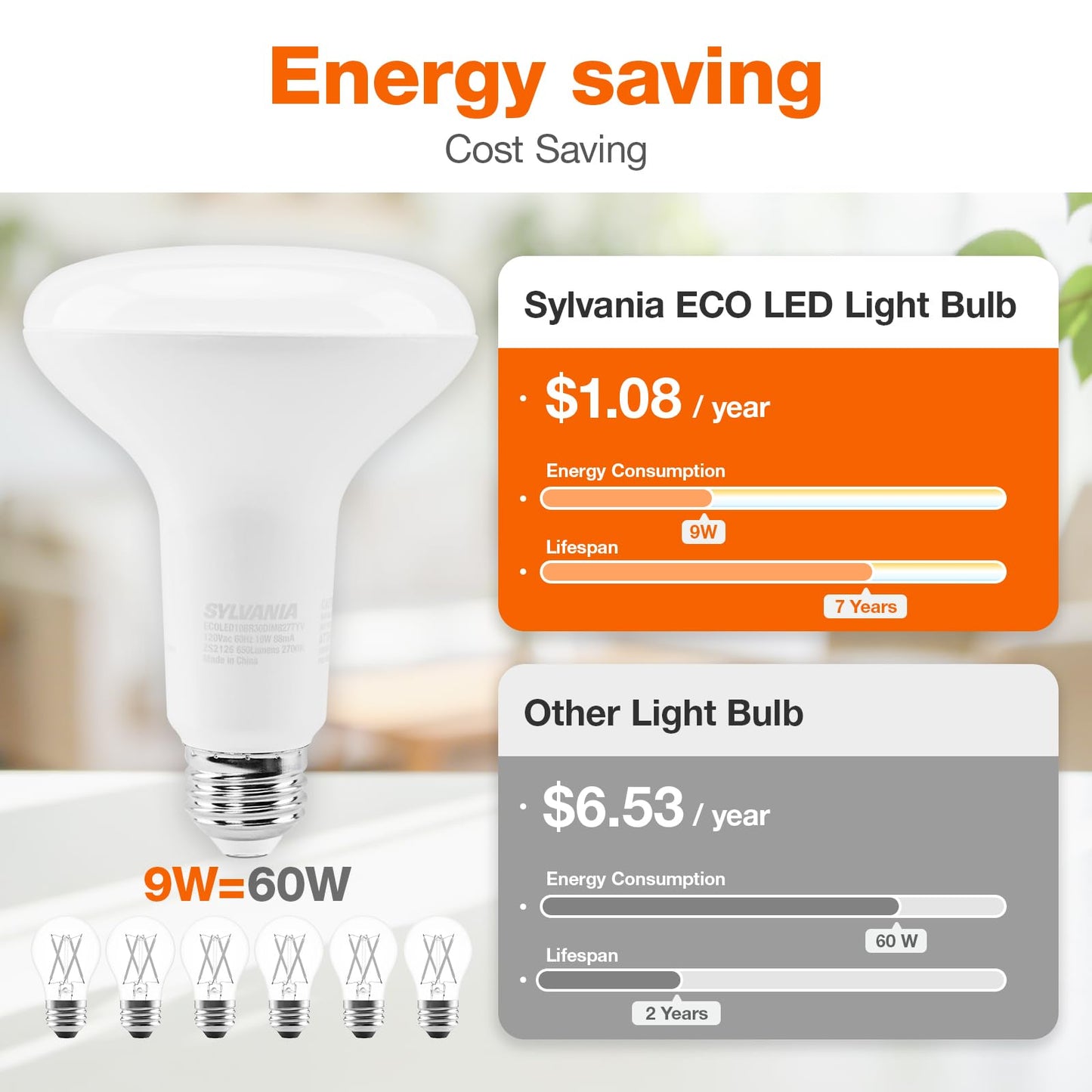 Sylvania ECO LED Light Bulb, BR30, 65W=10W, 7 Year, 650 Lumens, Frosted, Dimmable, Daylight - 4 Pack (40871)