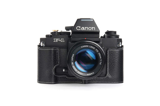 F-1 Case, BolinUS Handmade Genuine Real Leather Half Camera Case Bag Cover for Canon New F-1 Camera with Hand Strap (Black)