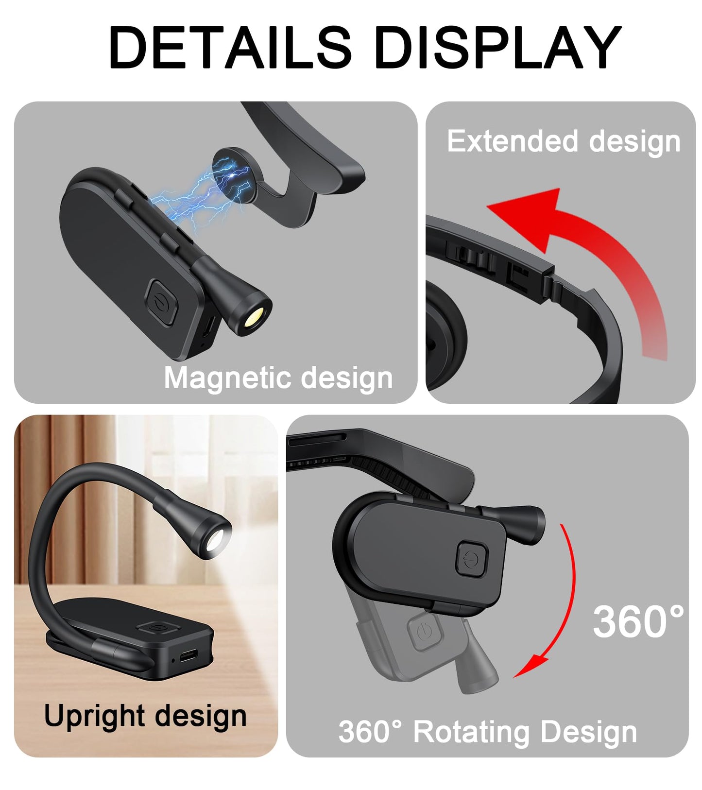 SURPOOTER Neck Reading Light, 3 Color Modes & Stepless Dimming Lightweight Hands-Free Rechargeable LED Book Light with USB-C Charging for Reading