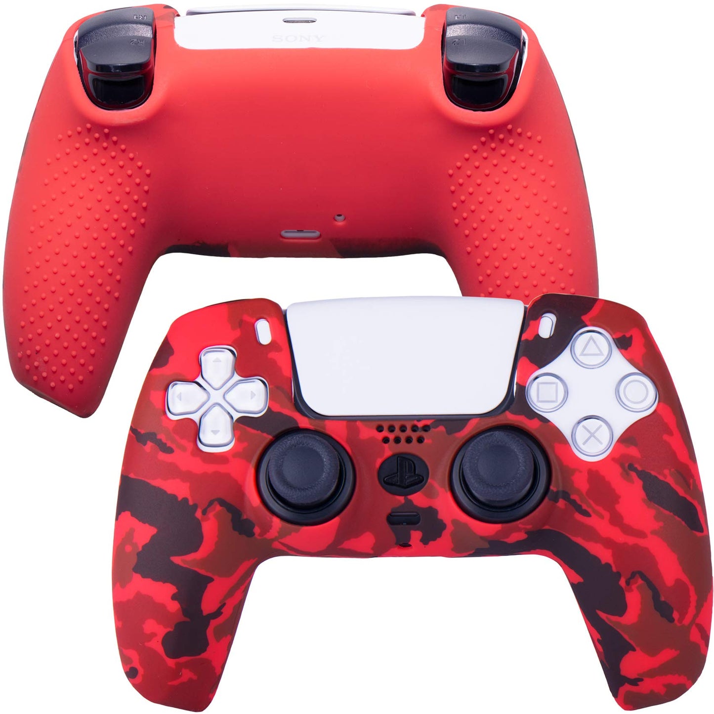 9CDeer 1 Piece of Silicone Transfer Print Protective Cover Skin + 10 Thumb Grips for PS5 Controller Paint red