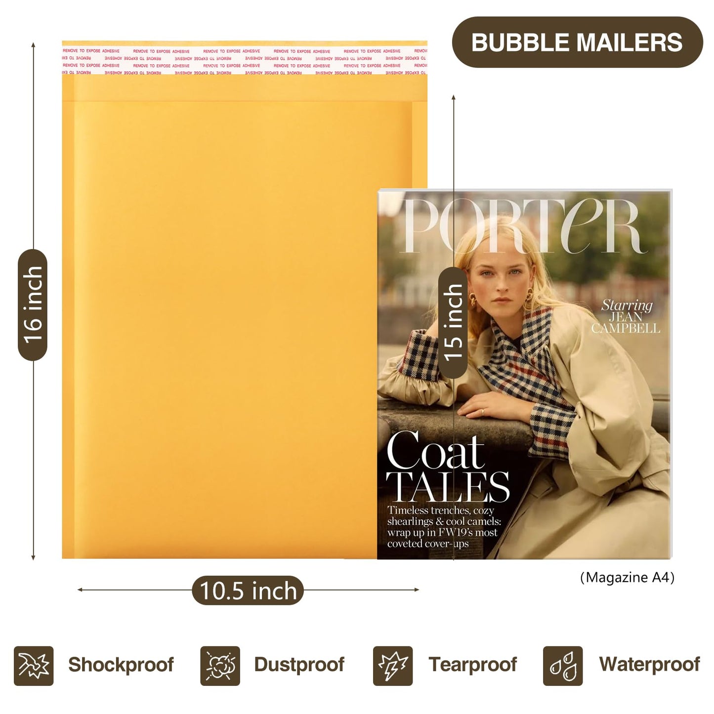 UCGOU Kraft Bubble Mailers 10.5x16 Inch 25 Pack Usable Size 10.5x15 Yellow Padded Envelopes #5 Large Mailing Packages Self Sealing Tear Resistant