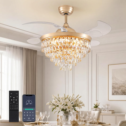 CROSSIO 42" Crystal Fandelier Dimmable, 6 Speeds, Retractable Gold Ceiling Fans with Lights and Remote Luxury Chandelier Fan for Bedroom Dining Room