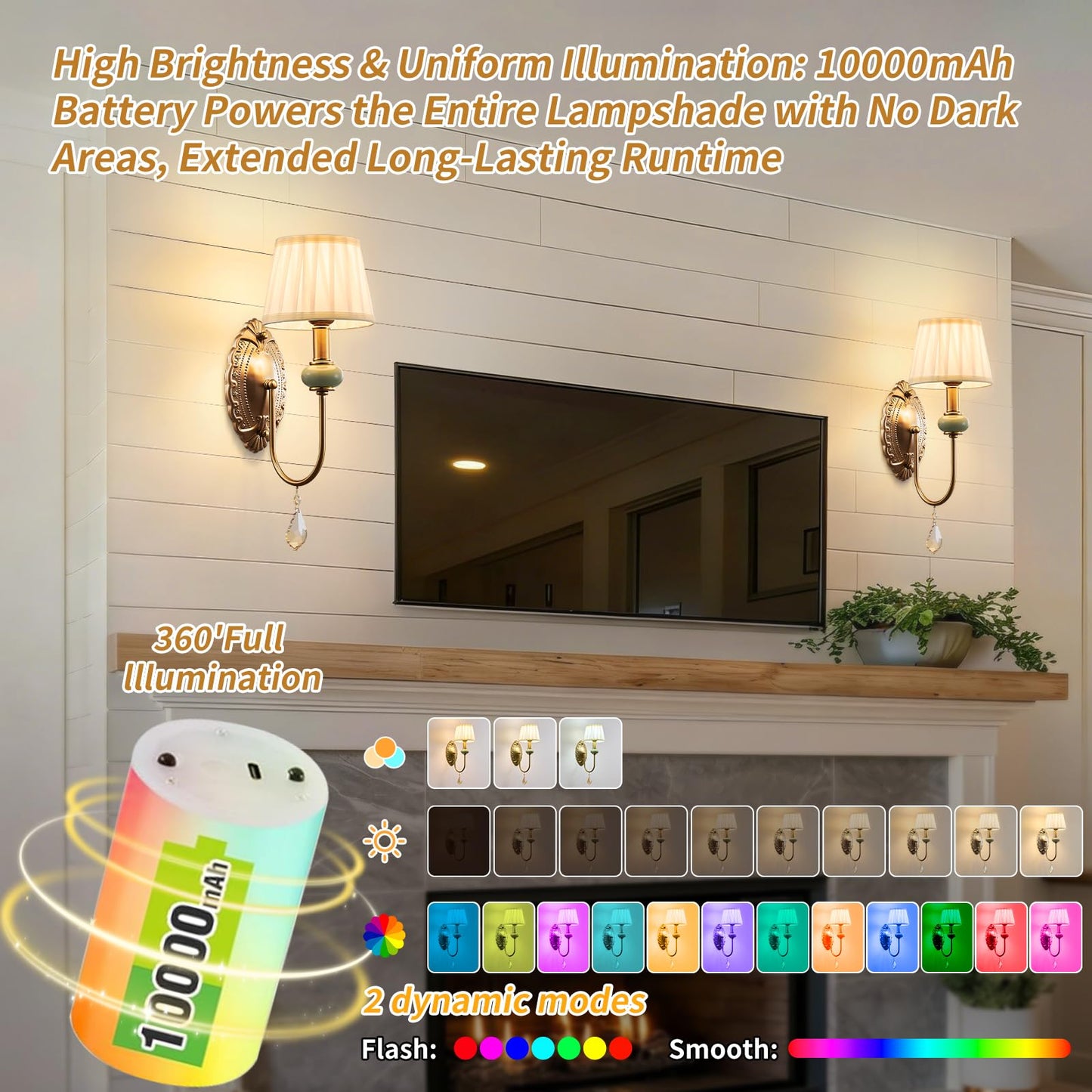Wireless Battery Operated Antique Brass Wall Sconces Set of 2, 10000mAh Rechargeable Gold Crystal Vintage Fabric Shade Wall Lights with Bulbs