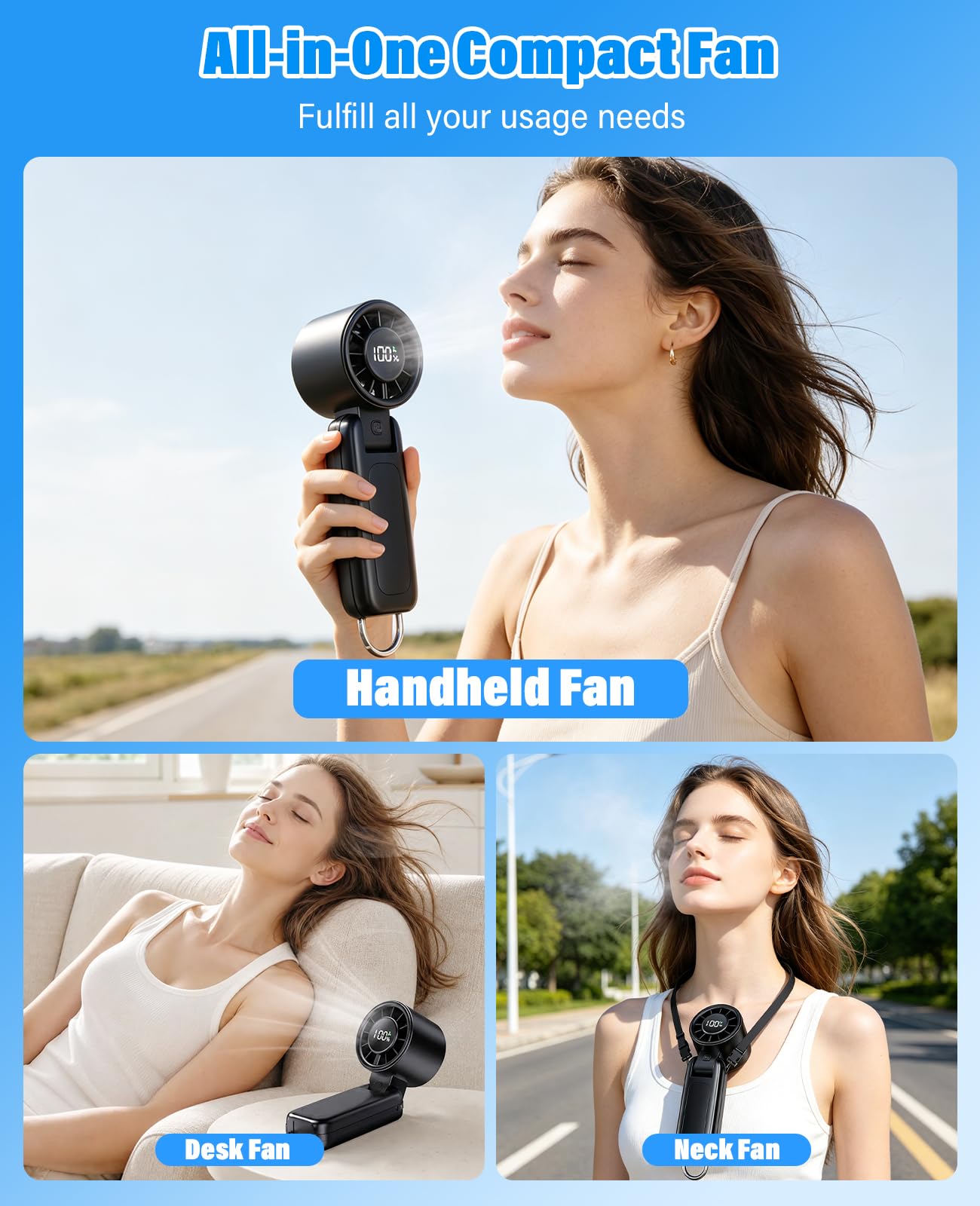 Portable Fan,Handheld Fan, 180° Foldable 6-Speed (1-100) Mini Fan, 5000mAh Rechargeable Battery Operated up to 15 Working Hours, LED Display Personal