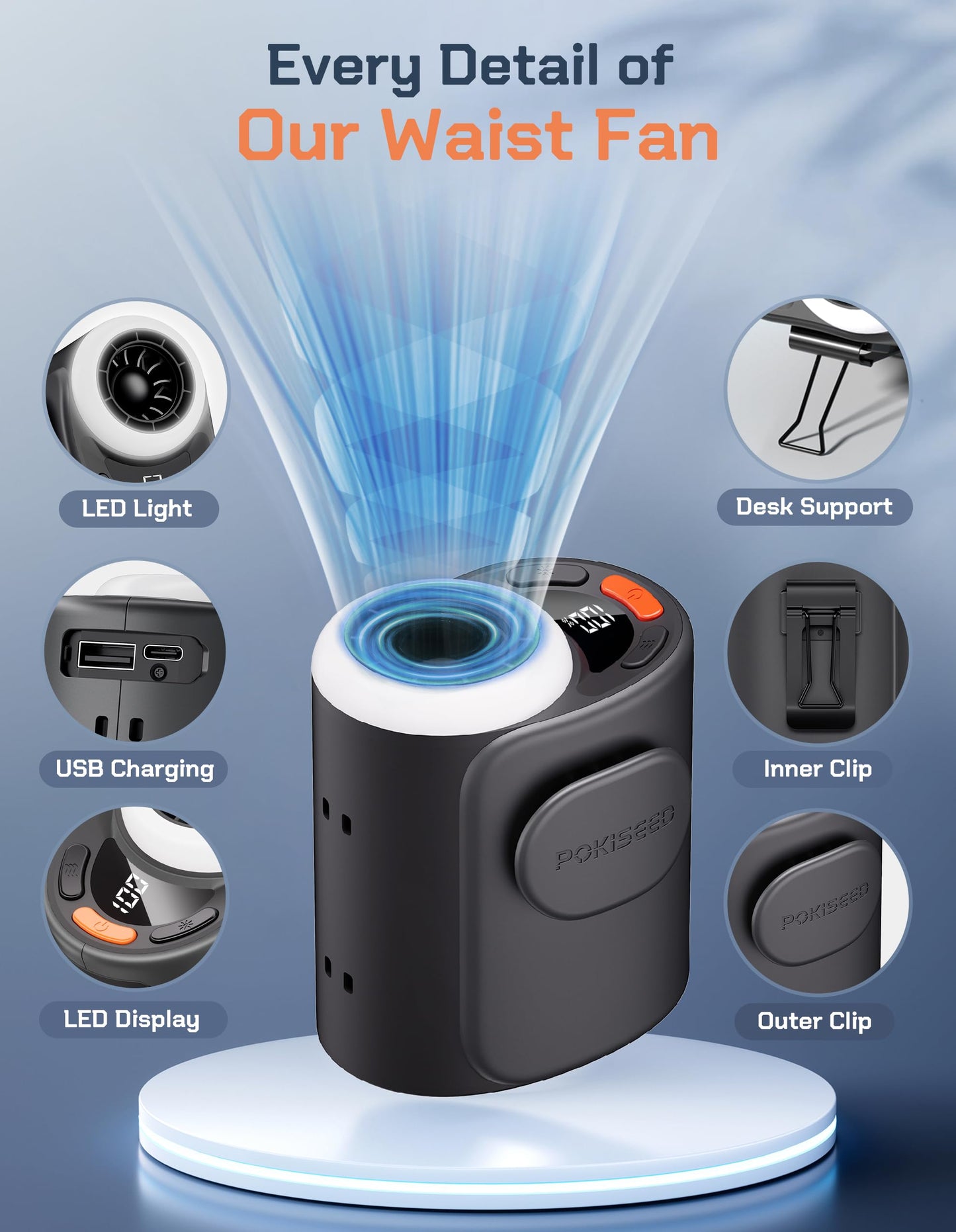 POKISEED Rugged Portable Fan, 10000mAh Rechargeable Battery, 40H Runtime, 5-Speed Turbo Cooling, Hands-Free Multi-Position Design for Construction