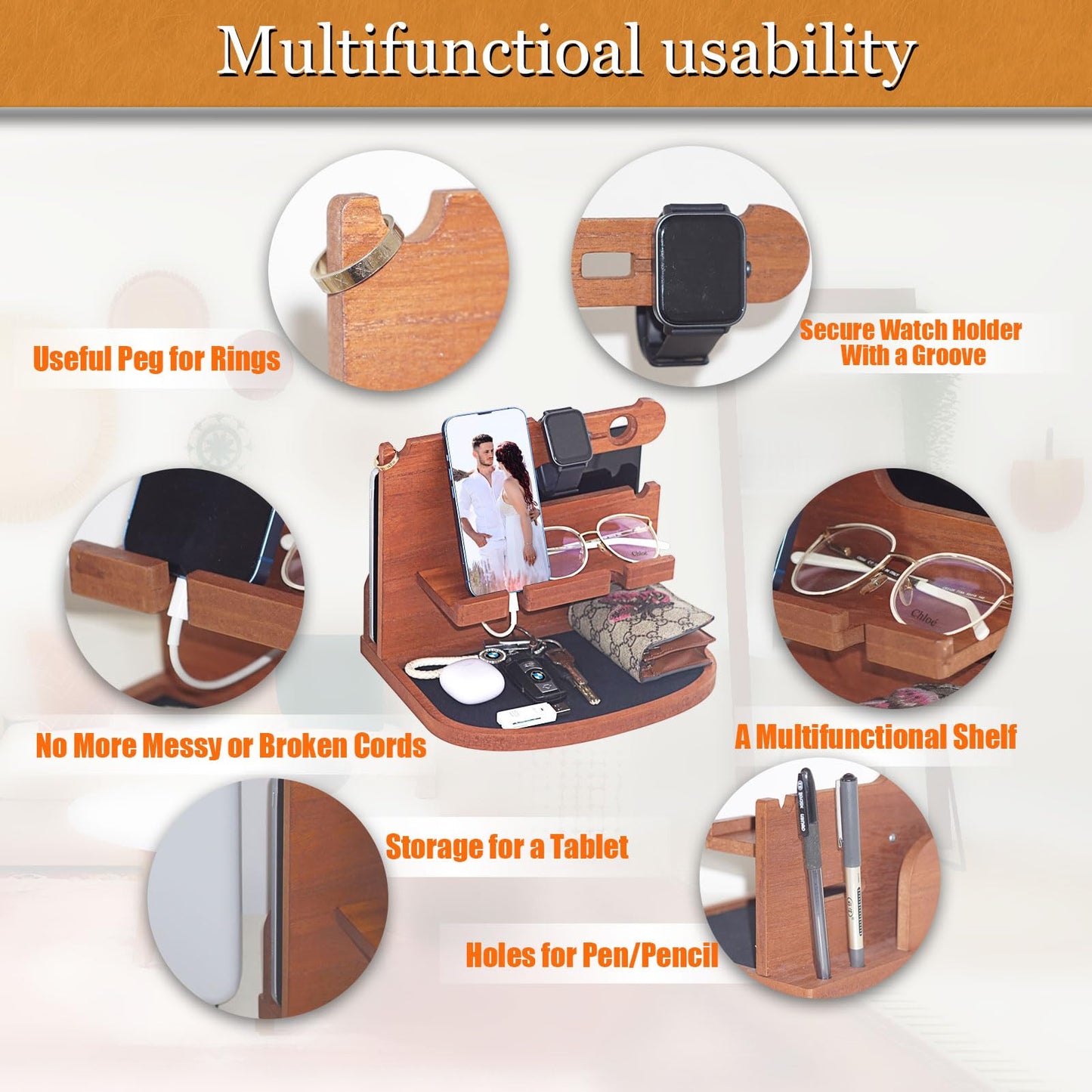Krismax Wood Phone Docking Station for Men,Husband,Dad-Nightstand&Desk Organizer-Anniversary from Wife-Key Watch&Essentials