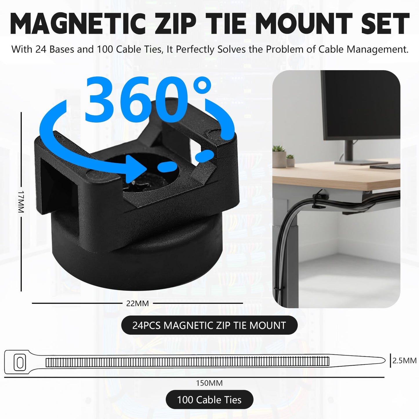 24pcs 22mm Magnetic Zip Tie Mount, Multi-Functional Cable Holder, Suitable for Industrial Cable Management and Home Cable Organizing. 24 Mounts