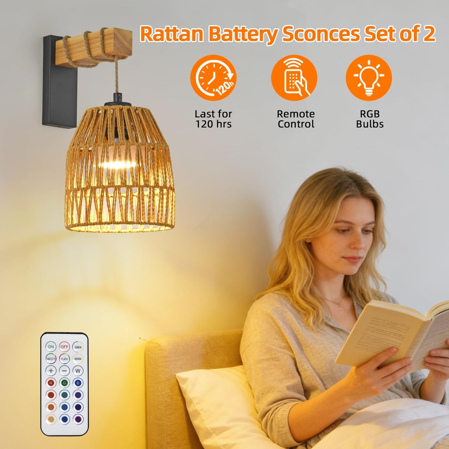 NOVCAND Boho Battery Operated Wall Sconce Set of Two, Rattan Cordless Wall Sconces with Remote,Wireless Sconces Set of 2 for Bedroom,Living