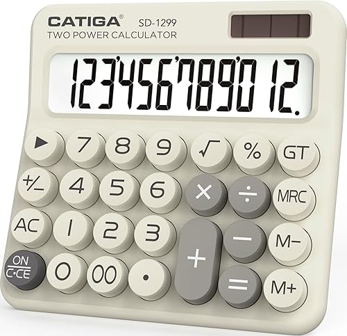 CATIGA Mechanical Switch Calculator with Solar and Battery Dual Power, 12-Digit Large LCD Display, Aesthetic and Cute Desktop Calculator with Big