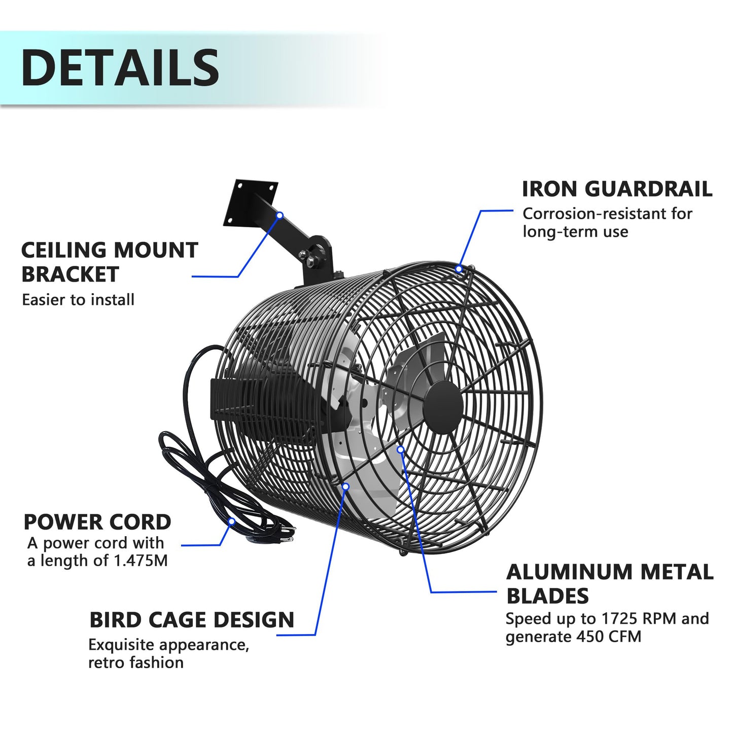 FICBXRA Greenhouse Air Circulation Fan 1/80 HP 115V Ceiling Wall Mount High Speed Circulation Fan for Greenhouse, Warehouse, Patio, Garage 450CFM, ETL