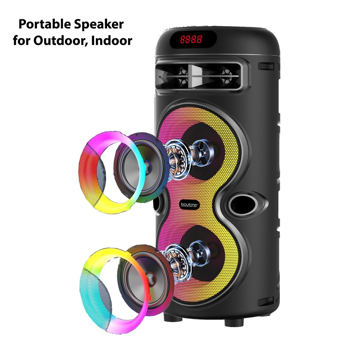 Boytone, Portable Bluetooth Party Speaker, with USB Port, RGB DJ Lights, Wireless Stereo, TWS Pairing, for Home Parties and Outdoor Entertainment