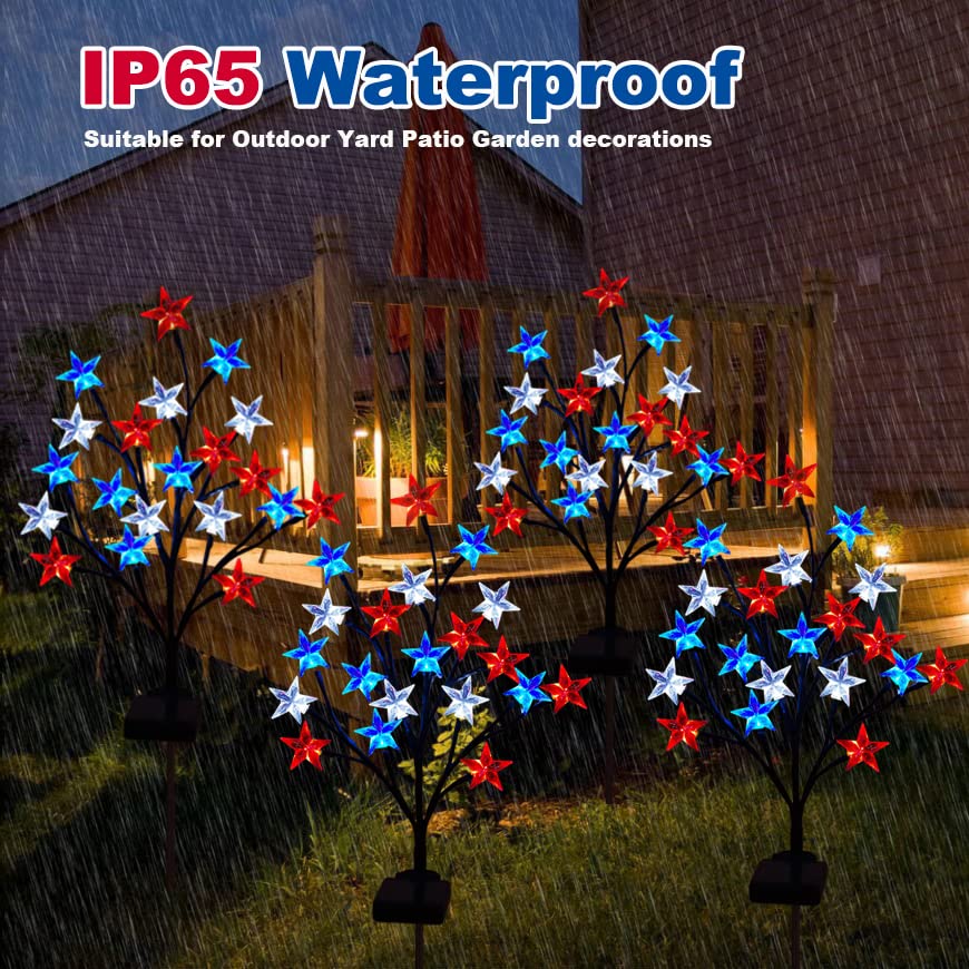 2 Packs Solar 4th of July Decorations Outdoor Lights, Solar Red White and Blue Star Pathway Lights, Waterproof Outdoor Patriotic Decorations Lights