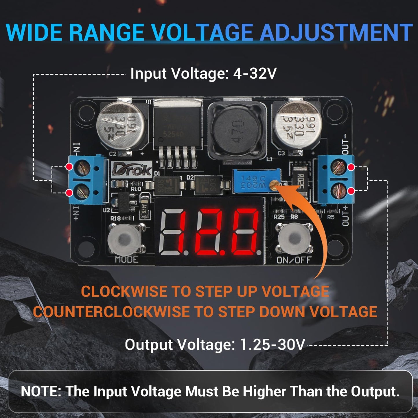 DROK Buck Converter 24v to 5v, DC 4-32V to 1.25-30V 3A Adjustable Step Down Module, LM2596 Voltage Regulator Board, 12V to 5 V LED Power Supply…