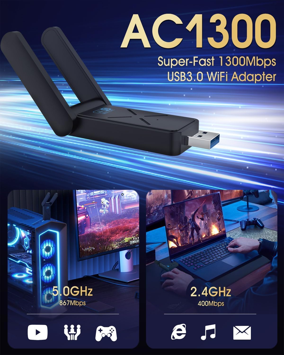 Wireless USB 3.0 WiFi Adapter for Desktop PC, AC 1300Mbps USB WiFi Dual-Band Network Adapter for PC with 2.4G/400Mbps 5G/867Mbps,Dual 5Dbi Antennas