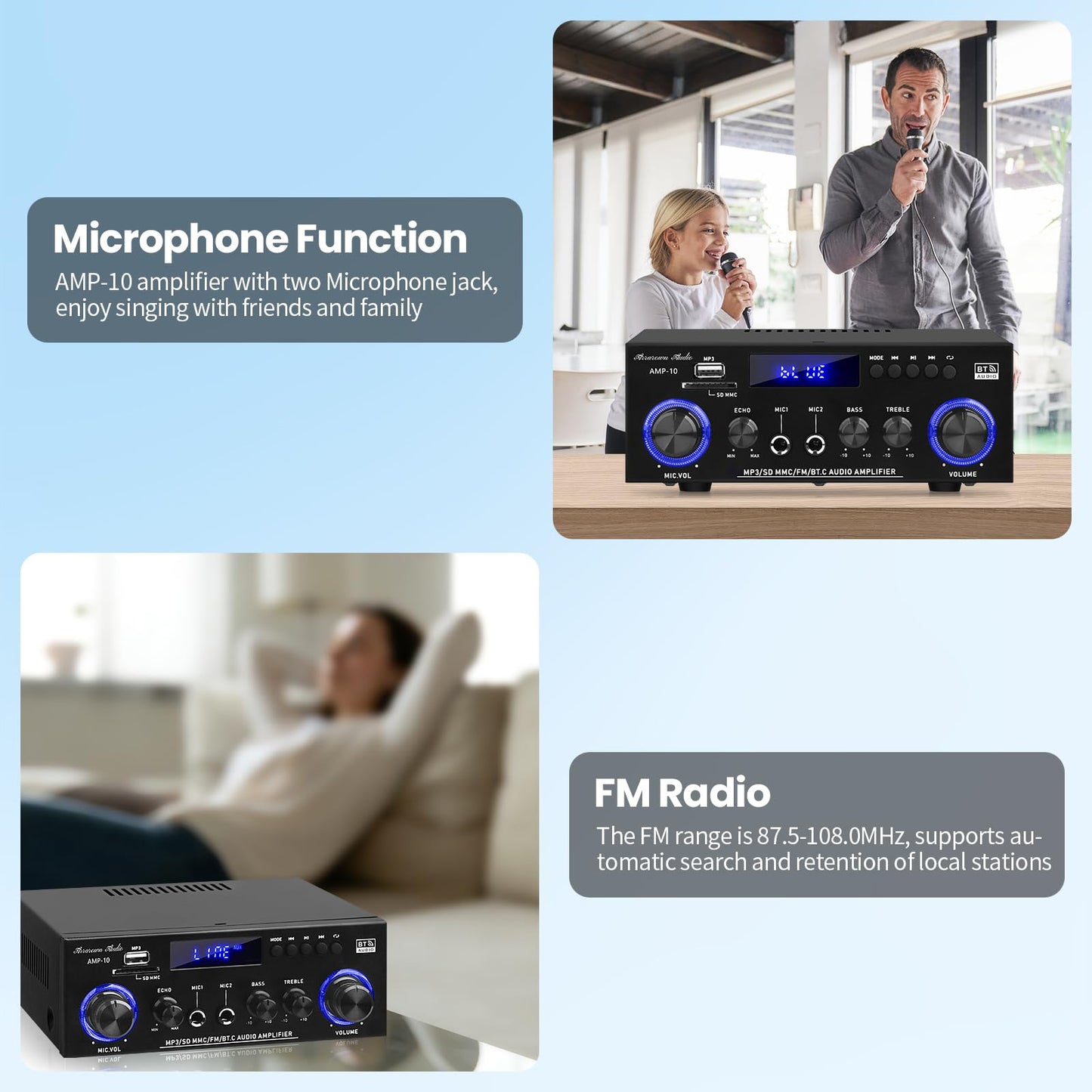 AMP-10 Bluetooth Amplifiers RMS 50WX2 Stereo Audio Amp Receivers for Home Speaker 2.0 Channel Max 600W Output Mini Power Amplifier w/FM Radio, Echo