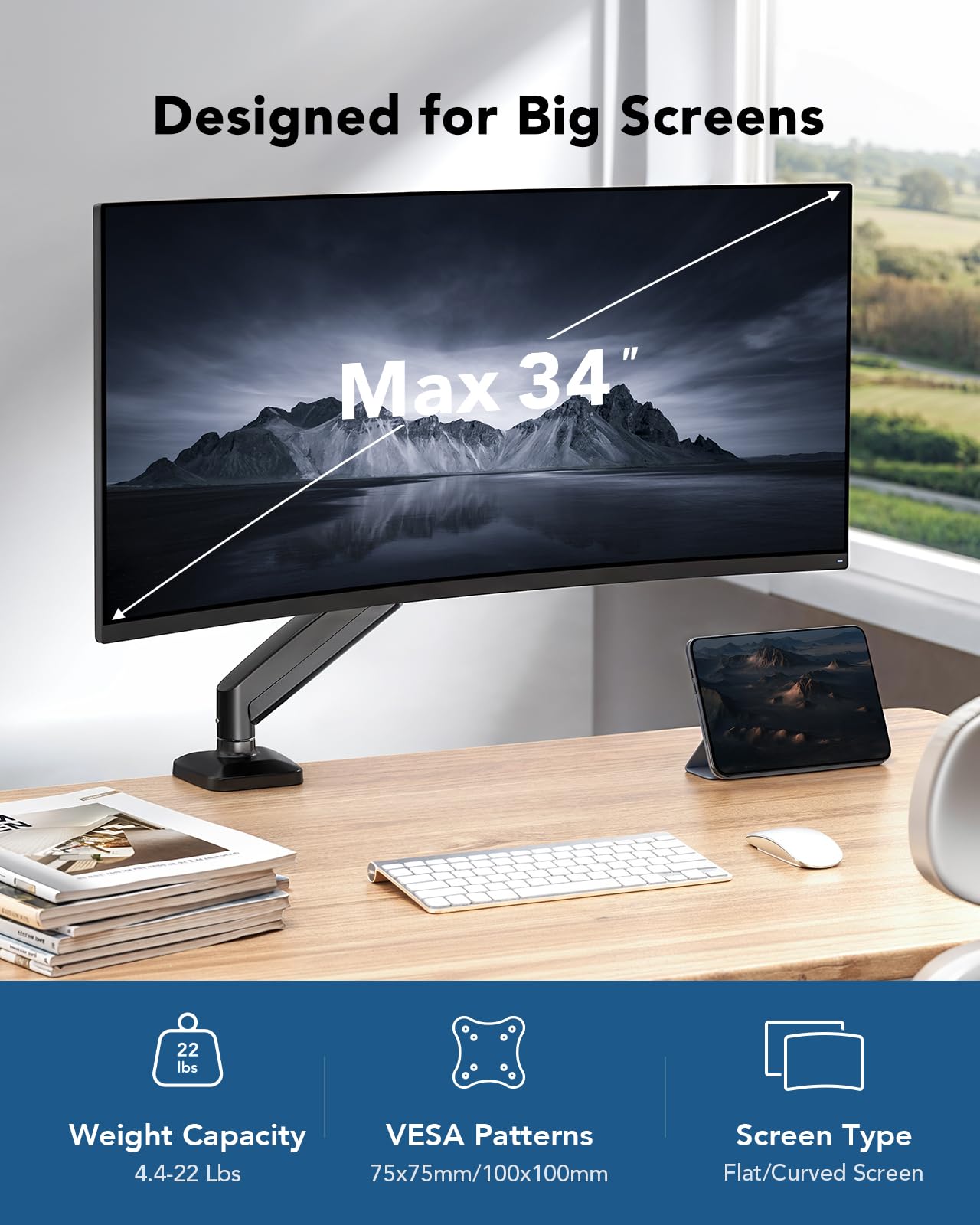 HUANUO Single Monitor Mount, Adjustable Monitor Arm for 13-34 Inch Screen Up to 22lbs, C-Clamp & Grommet Base, Ergonomic Stand for Work and Gaming