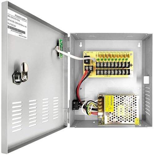 9 Channel 12 Volt DC Output 5A CCTV Distributed Power Supply Box for Security Camera with AC Plug and Lock for Security Cameras, DVRs, CCTV Power…