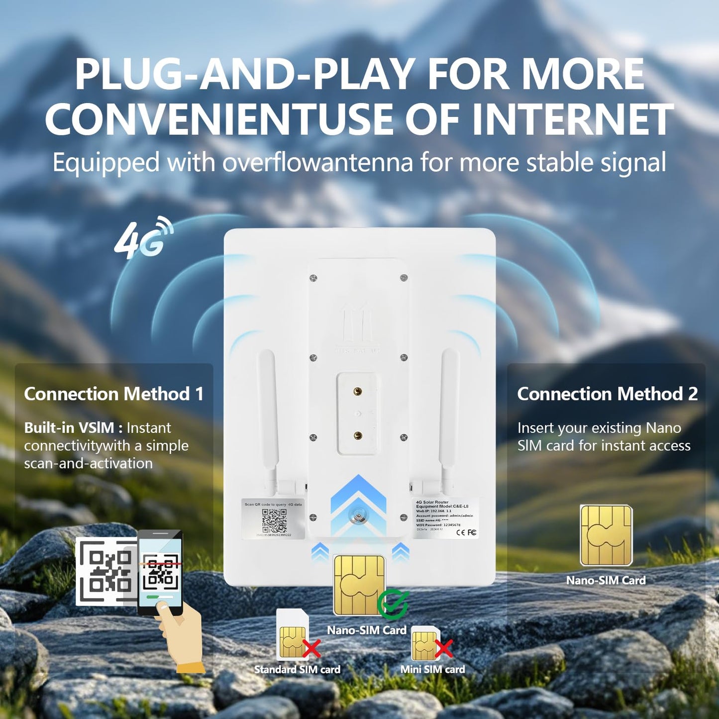 Solar Outdoor 4G Router with SIM Card Slot,Single-Band, 2.4 GHz WiFi Surport 8 Camera, 15W Solar Panel, Built-in 20000mAh Battery,Waterproof IP65