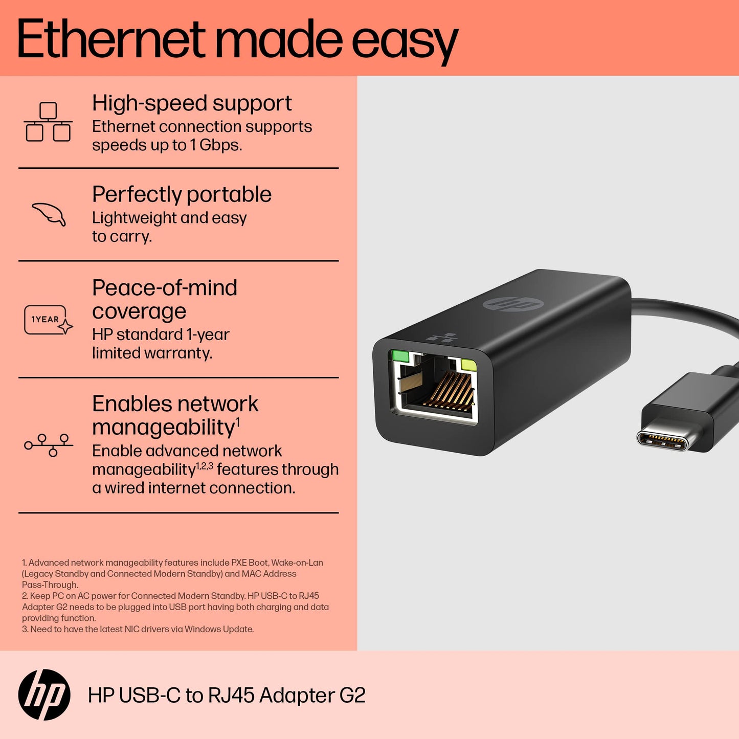HP USB-C to RJ45 Adapter G2 (4Z527AA) - USB Type C - 1 Gbit/s Data Transfer Rate - 1 Port(s) - 1 - Twisted Pair - 1000Base-T - Portable