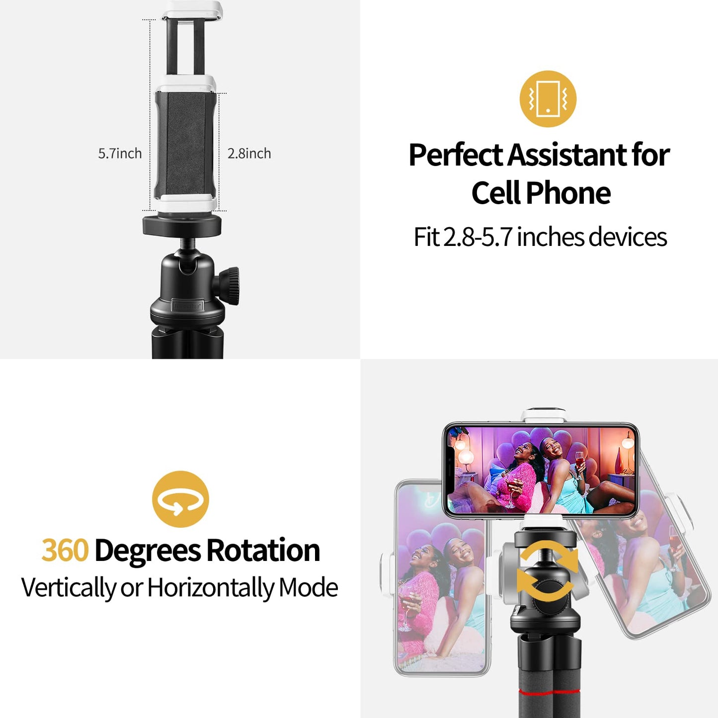 Sensyne Phone Tripod, Flexible Cell Phone Tripod with Phone Holder and Wireless Remote, Mini Travel Tripod Stand, Compatible with All Cell Phones