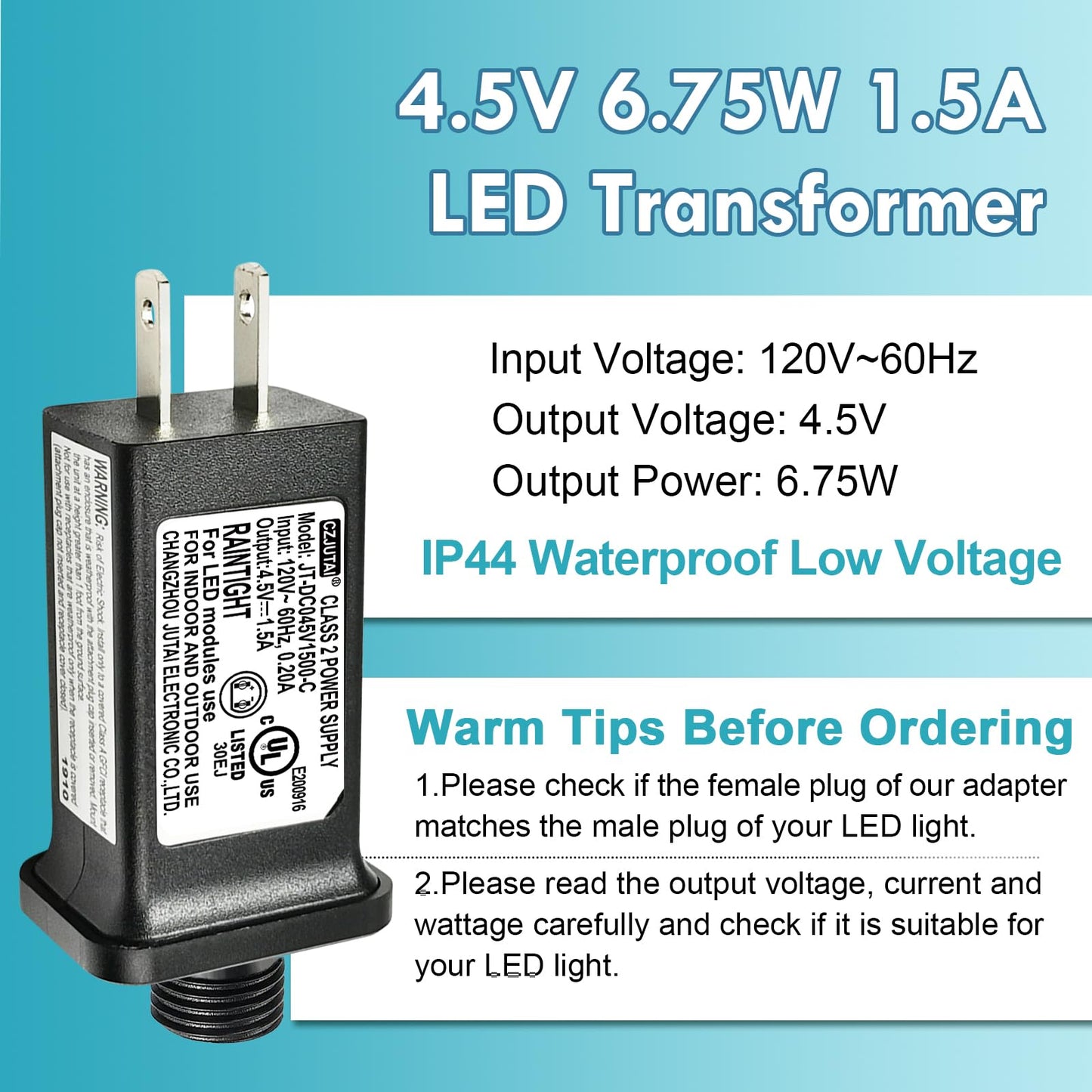 CZJUTAI JT-DC045V1500 Premium 4.5V 1.5A 6.75W LED Power Supply - Class 2 Transformer, IP44 Waterproof, US Plug for Christmas and String Lights, Indoor