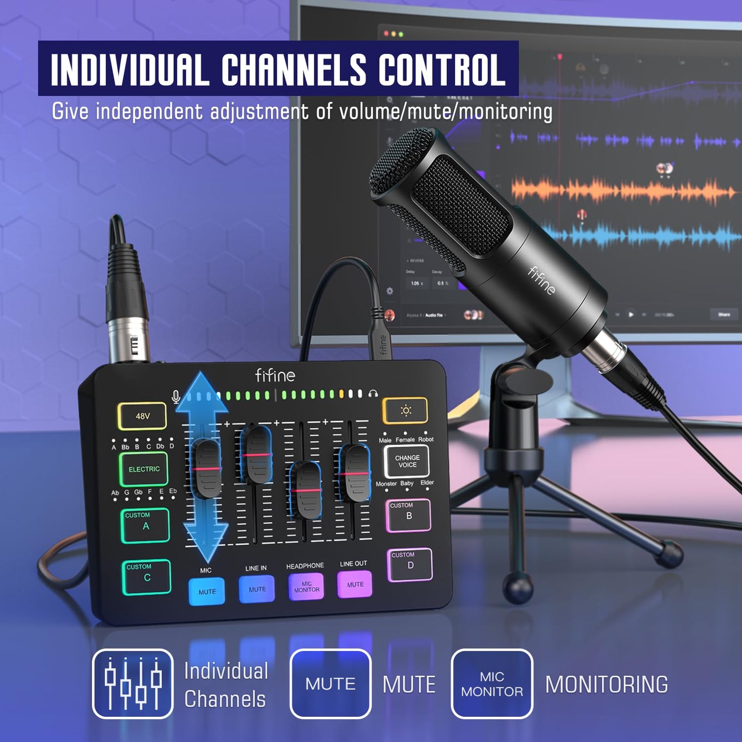 FIFINE Audio Equipment Bundle for Gaming Podcast, Streaming RGB Mixer Set with XLR Dynamic Vocal Microphone, Voice Recording Kit Set with Volume