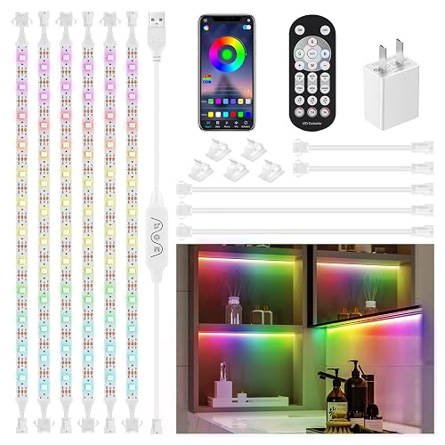 6Pcs Under Cabinet Lights Kit,Music Sync Color Changing LED Lights with RF Remote and APP,Dimmable Flexible Cabinet Lights,5V USB Under Cabinet LED